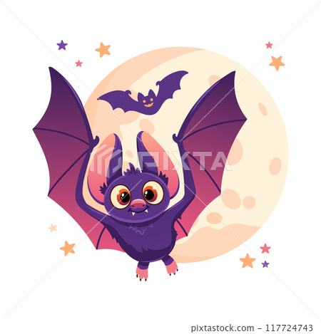 Adorable vector illustration of a cute purple bat flying in front of a full moon. Perfect for Halloween-themed designs Adorable vector illustration of a cute purple bat flying in front of a full moon. Perfect for Halloween-themed designs 117724743