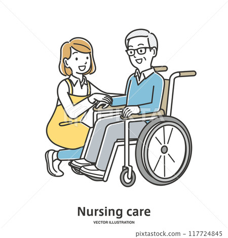 A female caregiver assisting an elderly man in a wheelchair 117724845