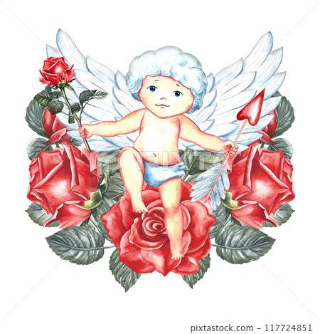 A cute little cupid in red roses. Hand-made watercolor illustration. For lovers, Valentine's day and weddings. For posters, greeting cards. For printing and stickers. 117724851
