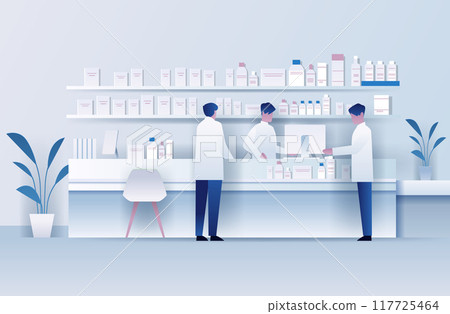 Pharmacy interior with pharmacists working in a modern clean pharmacy setting with shelves of medicine and plants in the background paper cut style 117725464