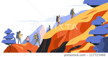 Hikers climbing mountain outdoor adventure colorful landscape trees Hikers climbing mountain outdoor adventure colorful landscape trees 117725466