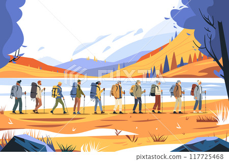 Hikers trekking mountain landscape group outdoor adventure scenic nature autumn colors hills trees backpacks walking sticks blue sky 117725468