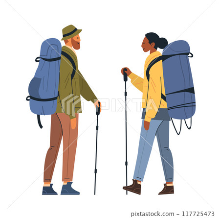 Hikers with backpacks trekking outdoor adventure two people with walking sticks colorful clothing white background 117725473