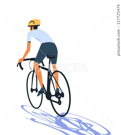 Cyclist riding bicycle wearing helmet outdoor activity. Minimalist style with simple colors and a white background Cyclist riding bicycle wearing helmet outdoor activity. Minimalist style with simple colors and a white background 117725474