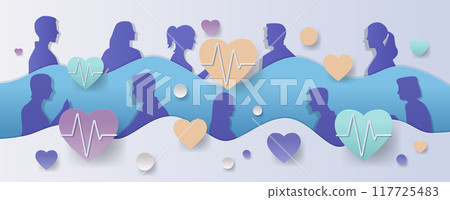 Silhouette figures with heart shapes and wave pattern in paper cut style Silhouette figures with heart shapes and wave pattern in paper cut style 117725483