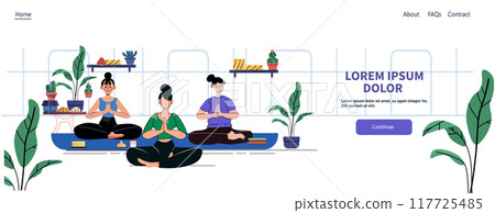 People practicing yoga in a serene indoor setting with plants and shelves background meditation wellness website design People practicing yoga in a serene indoor setting with plants and shelves background meditation wellness website design 117725485