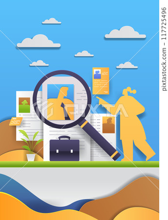 Job search recruitment concept magnifying glass resumes. Silhouette of person pointing at documents briefcase plant clouds paper cut style Job search recruitment concept magnifying glass resumes. Silhouette of person pointing at documents briefcase plant clouds paper cut style 117725496