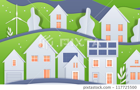 Eco-friendly houses with solar panels and wind turbine in a green landscape paper cut style sustainable energy concept modern residential buildings 117725500