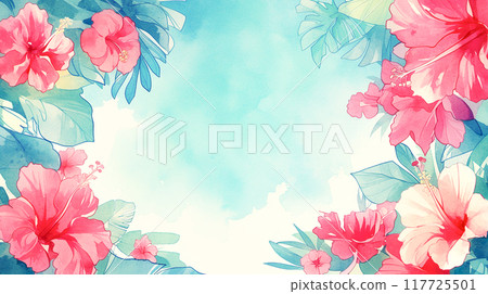 Watercolor illustration background of blue sky and red hibiscus flowers 117725501