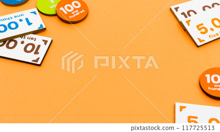Toy money on an orange background: Expenses and payments image material Toy money on an orange background: Expenses and payments image material 117725513