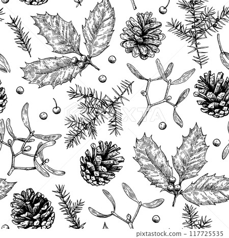 Christmas seamless pattern with pine cones, holly, mistletoe and juniper. Monochrome illustration in engraving style. Christmas seamless pattern with pine cones, holly, mistletoe and juniper. Monochrome illustration in engraving style. 117725535