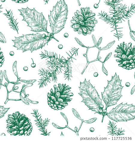 Christmas seamless pattern with pine cones, holly, mistletoe and juniper. Monochrome illustration in engraving style. Christmas seamless pattern with pine cones, holly, mistletoe and juniper. Monochrome illustration in engraving style. 117725536