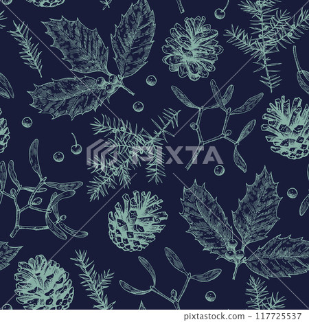 Christmas seamless pattern with pine cones, holly, mistletoe and juniper. Monochrome illustration in engraving style. Christmas seamless pattern with pine cones, holly, mistletoe and juniper. Monochrome illustration in engraving style. 117725537