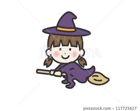 穿著女巫服裝的女孩圖示（線條畫顏色）的插圖 117725627