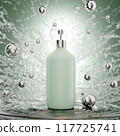 3d render abstract background for cosmetics medicine product against the background of a scientific formula and splashes of cream and perfume liquid. 3d illustration 117725741