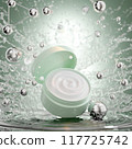 3d rendering abstract green background wiht cosmetics medicine products against the background of scientific cosmetic formula for facial rejuvenation and cream splashes. 3d illustration 117725742