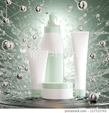 3d rendering perfume on abstract background wiht cosmetic formula for facial rejuvenation promotion and advertising beauty of natural cosmetic products. 3d illustration 117725743