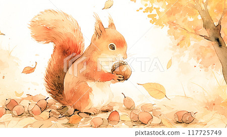 一隻可愛的松鼠收集橡子的水彩插圖 117725749