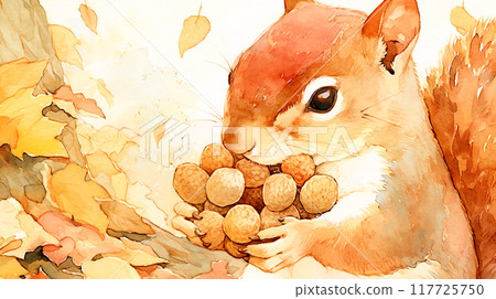 Watercolor illustration of a cute squirrel collecting acorns 117725750