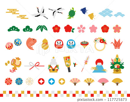 A set of simple and cute New Year's decorations, icons and frames_Retro Japanese style lucky charm illustrations_Japanese pattern 117725873