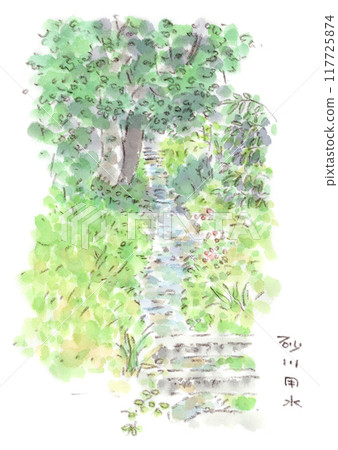 Landscape with a small river, Sunagawa Irrigation Canal (a branch of the Tamagawa Aqueduct). Watercolor illustration 117725874