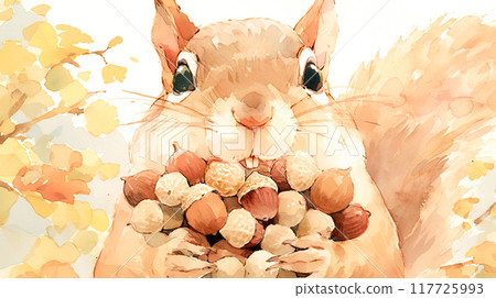 Watercolor illustration of a cute squirrel stuffing its mouth full of acorns 117725993