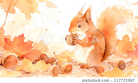 Watercolor illustration of a cute squirrel collecting acorns 117725997