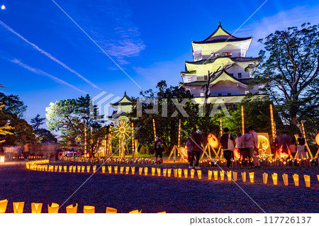 Iga City, Mie Prefecture: Lights lined up around the castle tower and Honmaru during the summer light-up event at Iga Ueno Castle 117726137