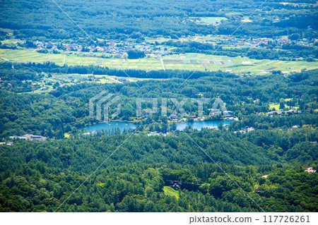 Spectacular views of Yatsugatake trekking, distant view of Lake Tateshina, Nagano Prefecture, Japan 117726261