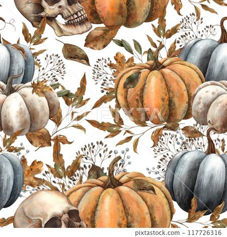 Black, white, orange pumpkin with autumn leaves, berries, branches and human skull. Watercolor seamless pattern on white background. For decor, cards, Day of the Dead, Halloween, packaging, fabric 117726316