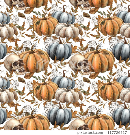 Black, white, orange pumpkin with autumn leaves, berries, branches and human skull. Watercolor seamless pattern on white background. For decor, cards, Day of the Dead, Halloween, packaging, fabric 117726317