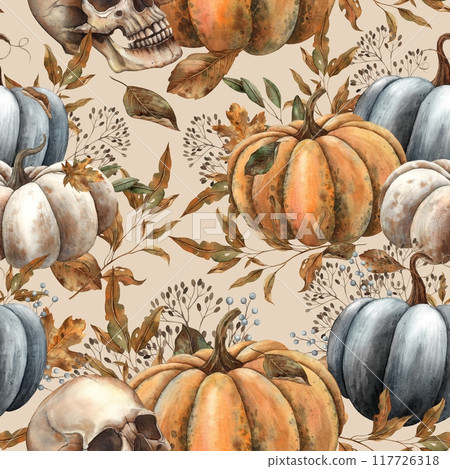 Black, white, orange pumpkin with autumn leaves, berries, branches and human skull. Watercolor seamless pattern on beige background. For decor, cards, Day of the Dead, Halloween, packaging, fabric 117726318