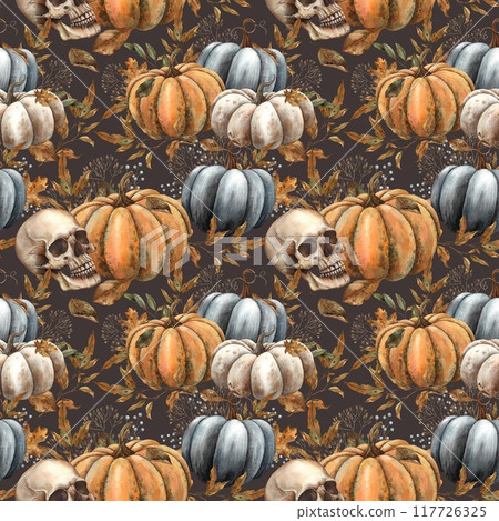 Black, white, orange pumpkin with autumn leaves, berries, branches and human skull. Watercolor seamless pattern on brown background. For decor, cards, Day of the Dead, Halloween, packaging, fabric Black, white, orange pumpkin with autumn leaves, berries, branches and human skull. Watercolor seamless pattern on brown background. For decor, cards, Day of the Dead, Halloween, packaging, fabric 117726325