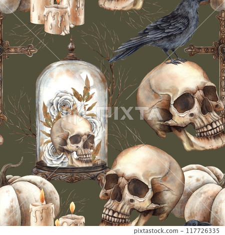 Skull, black raven, cross, white roses, antique glass dome, branches. Watercolor drawing on a green background in Gothic style. Suitable for Halloween and Day of the Dead design, textiles, packaging 117726335