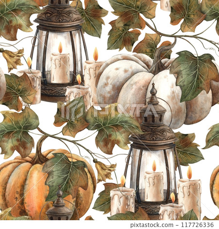 Vintage lantern with candles, white and orange pumpkin. Watercolor pattern hand drawn in vintage style on white background. Suitable for Halloween design, for thanksgiving, cards, posters, packaging Vintage lantern with candles, white and orange pumpkin. Watercolor pattern hand drawn in vintage style on white background. Suitable for Halloween design, for thanksgiving, cards, posters, packaging 117726336