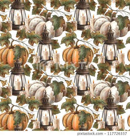 Vintage lantern with candles, white and orange pumpkin. Watercolor pattern hand drawn in vintage style on white background. Suitable for Halloween design, for thanksgiving, cards, posters, packaging Vintage lantern with candles, white and orange pumpkin. Watercolor pattern hand drawn in vintage style on white background. Suitable for Halloween design, for thanksgiving, cards, posters, packaging 117726337