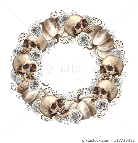 White pumpkin, human skull, white rose, berries and branches. Hand drawn watercolor wreath on isolated background in gothic style. Suitable for Halloween design, vintage cards, posters, packaging 117726352