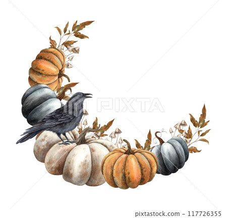 Black, white and orange pumpkins with a sitting black raven. Autumn leaves and poisonous mushrooms in a watercolor round wreath. Illustration for Halloween, Thanksgiving, banners, postcards, packaging Black, white and orange pumpkins with a sitting black raven. Autumn leaves and poisonous mushrooms in a watercolor round wreath. Illustration for Halloween, Thanksgiving, banners, postcards, packaging 117726355