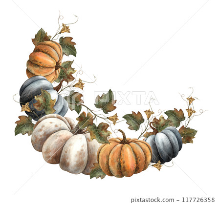 Black, white and orange pumpkins with autumn large withered leaves. Handmade watercolor semicircle frame on autumn theme. Suitable for Halloween, Thanksgiving, banners, postcards, packaging 117726358