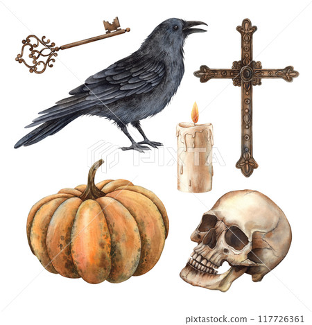 Realistic skeleton skull, black raven, cross, copper key. orange pumpkin and wax candle. Set of watercolor isolated pictures for design of Halloween cards, packaging, decoration, banners, stickers 117726361