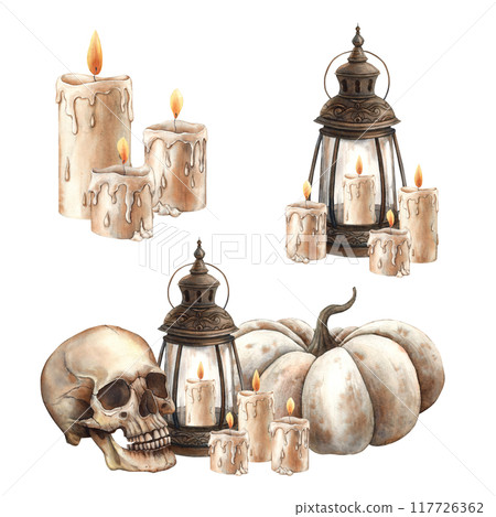 White pumpkin, antique copper lantern with wax candles and human skull. Set of three watercolor compositions in Gothic style. Suitable for Halloween design, vintage postcards, posters, packaging 117726362