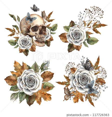 Realistic skull skeleton, white vintage roses. Set of compositions with autumn leaves, branches and butterflies. Watercolor set for autumn Halloween and Thanksgiving design, cards, packages 117726363