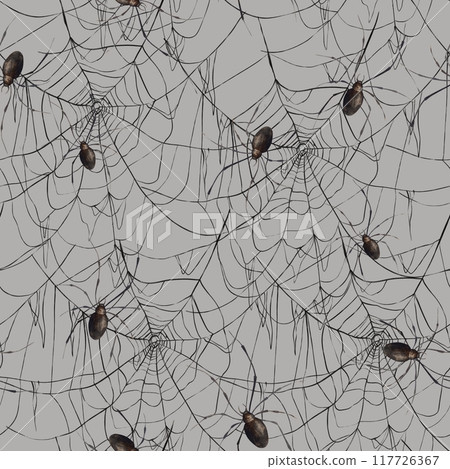 Fine lacy black web and realistic spiders. Hand-drawn watercolor pattern on a gray background in Gothic style. Suitable for Halloween and Day of the Dead design, textiles, packaging, cards, posters 117726367