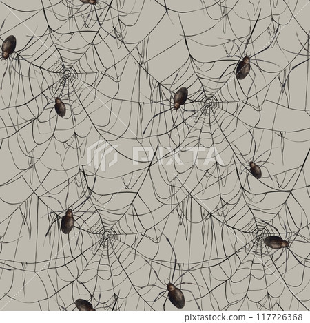 Fine lacy black web and realistic spiders. Hand-drawn watercolor pattern on beige background in Gothic style. Suitable for Halloween and Day of the Dead design, textiles, packaging, cards, posters 117726368