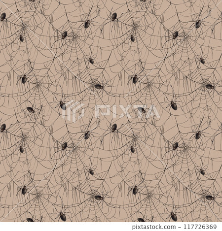 Fine lacy black web and realistic spiders. Hand-drawn watercolor pattern on orange background in gothic style. Suitable for Halloween and Day of the Dead design, textiles, packaging, cards, posters Fine lacy black web and realistic spiders. Hand-drawn watercolor pattern on orange background in gothic style. Suitable for Halloween and Day of the Dead design, textiles, packaging, cards, posters 117726369