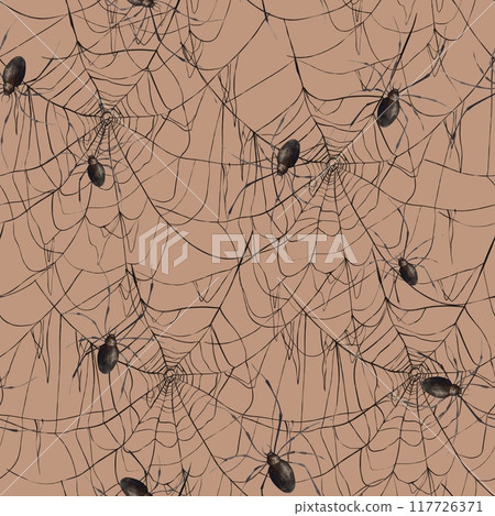 Fine lacy black web and realistic spiders. Hand-drawn watercolor pattern on orange background in gothic style. Suitable for Halloween and Day of the Dead design, textiles, packaging, cards, posters Fine lacy black web and realistic spiders. Hand-drawn watercolor pattern on orange background in gothic style. Suitable for Halloween and Day of the Dead design, textiles, packaging, cards, posters 117726371
