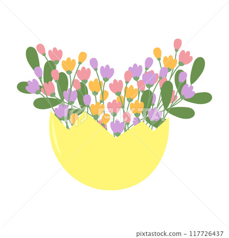 Half eggshell with flowers and branches in. Happy Easter Greetings design concept Isolated on white 117726437