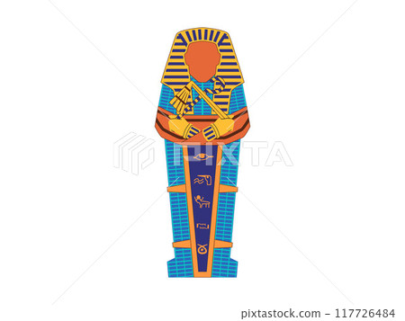 Pharaoh sarcophagus mummification mummified death body King Tut Tutankhamun burial ancient Egypt history design illustration 117726484