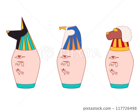 Canopic Jar Egyptian Deities God Anubis Horus Khnum sign symbol mummification ritual ancient Egypt mythology belief design illustration 117726498
