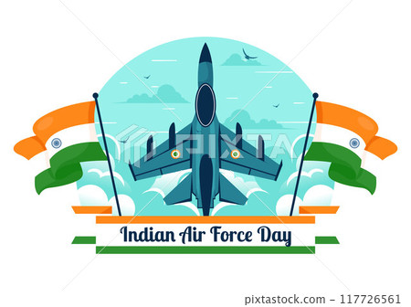 Indian Air Force Day Vector Illustration on 8th October, featuring a Waving Flag, Armed Forces, and Fighter Jet in a National Holiday Flat Background 117726561